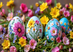 Wielkanoc, Kolorowe, Pisanki, Kwiaty, Żółte, Różowe