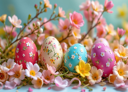 Wielkanoc, Kolorowe, Pisanki, Kwiaty, Grafika AI