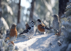 Kolorowe, Ptaki, Zima, Grafika AI