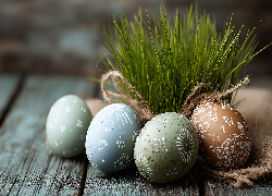 Kolorowe, Pisanki, Trawa, Zielone, Deski, Wielkanoc, Grafika AI