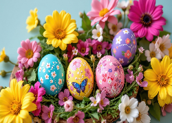 Kolorowe, Pisanki, Różowe, Żółte, Kwiaty, Wielkanoc, Grafika AI