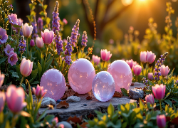 Kwiaty, Różowe, Kamienie, Cztery, Różowe, Kule