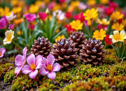 Różowe, Kwiaty, Szyszki