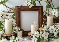 Świece, Drewniana, Ramka, Drewniane, Kłody, Gałązki, Białe, Kwiaty