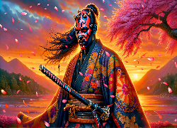 Darth Maul, Samuraj, Kimono, Maska, Zachód słońca, Góry, Drzewo, Grafika