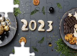 Nowy Rok, Ciasteczka, Data, 2023, Talerzyki, Bombki, Czekolada, Gałązki