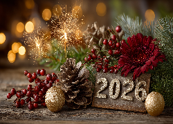 Nowy Rok, 2026, Bombki, Zimne ognie, Szyszka, Kwiat, Grafika AI