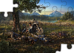 Gra, Days Gone, Postacie, Łowca nagród, Deacon St. John, Motocykl, Drzewo, Góry