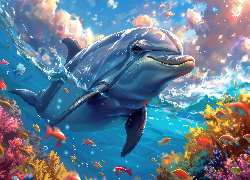 Delfin, Rybki, Grafika AI, Woda