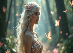 Kobieta, Blondynka, Motyle, Grafika AI