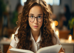 Długowłosa, Dziewczynka, Biała, Bluzka, Okulary, Książka