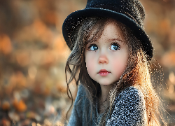 Długowłosa, Dziewczynka, Czarny, Kapelusz