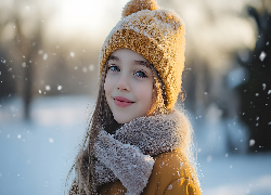 Długowłosa, Dziewczynka, Czapka, Szal, Zima