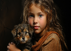Dziecko, Długowłosa, Dziewczynka, Pies, Szczeniak