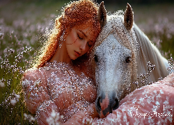 Śpiąca, Rudowłosa, Kobieta, Łąka, Biały, Koń