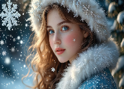 Kobieta, Długowłosa, Czapka, Futrzana, Gwiazdki