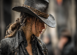 Kobieta, Długie, Włosy, Kapelusz, Kurtka