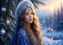 Kobieta, Długowłosa, Biżuteria, Choinka, Zima