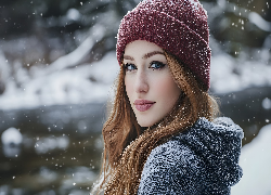 Długowłosa, Kobieta, Czapka, Sweter, Śnieg