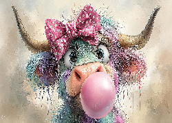 Krowa, Długowłosa, Różowa, Kokarda, Guma do żucia