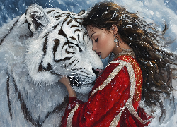 Długowłosa, Dziewczyna, Szatynka, Biały, Tygrys