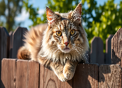 Długowłosy, Kot, Drewniany, Płot, Grafika AI