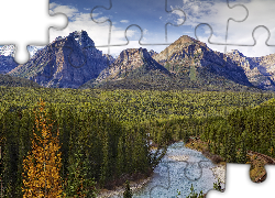 Park Narodowy Banff, Dolina Bow Valley, Prowincja Alberta, Kanada, Góry, Las, Rzeka Bow River, Niebo