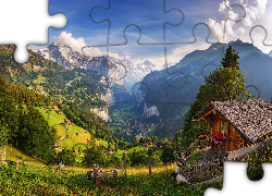 Szwajcaria, Góry, Alpy, Dolina, Lauterbrunnental, Domy, Drzewa, Ogrodzenie