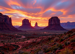 Stany Zjednoczone, Arizona, Wyżyna Kolorado, Dolina Skał, Monument Valley, Skały, Zachód słońca, AI