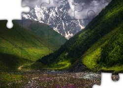 Góry, Zalesione, Wzgórza, Kwiaty, Trawa, Mgła, Dolina, Rzeka Inguri, Region Swanetia, Gruzja