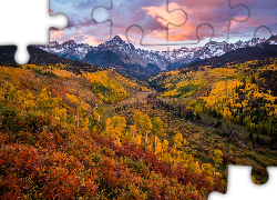 Jesień, Chmury, Góry, San Juan Mountains, Góra, Mount Sneffels, Dolina, Las, Kolorowe, Drzewa, Kolorado, Stany Zjednoczone
