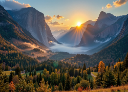 Dolina, Lasy, Góry, Wschód słońca, Mgła, Yosemite Valley, Park Narodowy Yosemite, Kalifornia, Stany Zjednoczone, Grafika AI