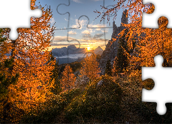 Jesień, Góry, Drzewa, Promienie słońca, Dolomity, Włochy
