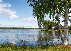 Jezioro, Lake Onega, Dom, Drzewa, Brzozy, Trawa, Pomost, Łódka, Rosja