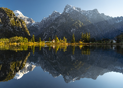 Góry, Jezioro, Lake Almsee, Drzewa, Dom, Odbicie, Austria