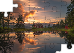 Zachód słońca, Jezioro Vaeleren, Chmury, Dom, Drzewa, Odbicie, Gmina Ringerike, Norwegia