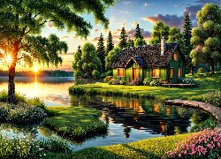 Dom, Drzewa, Jezioro, Zachód słońca, Grafika