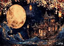 Fantasy, Noc, Księżyc, Fale, Łódź, Dom