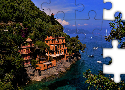 Włochy, Liguria, Portofino, Domy, Morze, Łódki Domy