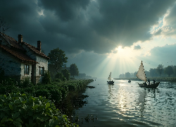Rzeka, Dom, Łódki, Łowienie, Rybacy, Zachmurzone, Niebo, Grafika