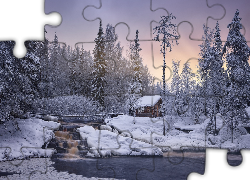 Zima, Śnieg, Rzeka Tokhmayoki, Most, Drzewa, Drewniany, Domek, Karelia, Rosja