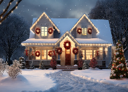 Boże Narodzenie, Zima, Dom, Drzewa, Choinka, Światła, Grafika