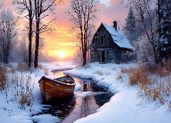 Zima, Dom, Rzeka, Łódź, Śnieg, Drzewa, Zachód słońca, AI