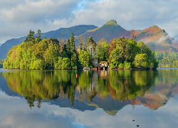 Jezioro, Dom, Drzewa, Góry, Kumbria, Anglia