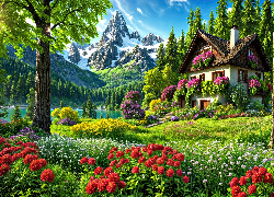 Dom, Drzewa, Kwiaty, Góry, Grafika