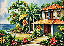 Kwiaty, Dom, Palmy, Morze, Tropiki, Grafika