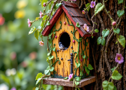 Budka, Domek, Ptaszek, Pnące, Kwiaty