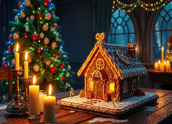 Boże Narodzenie, Choinka, Domek, Piernik, Świece