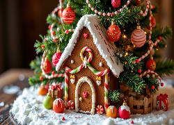 Boże Narodzenie, Piernik, Domek, Świerkowe, Gałązki, Bombki, Łańcuch