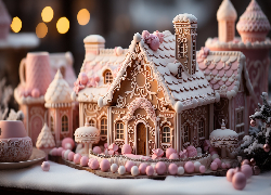 Boże Narodzenie, Piernik, Udekorowany, Domek, Różowe, Białe, Kulki, Al